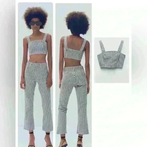 Zara Stripped Denim Crop Top Blue Navy White Square Neckline Side Zipper Size  S - Picture 1 of 10